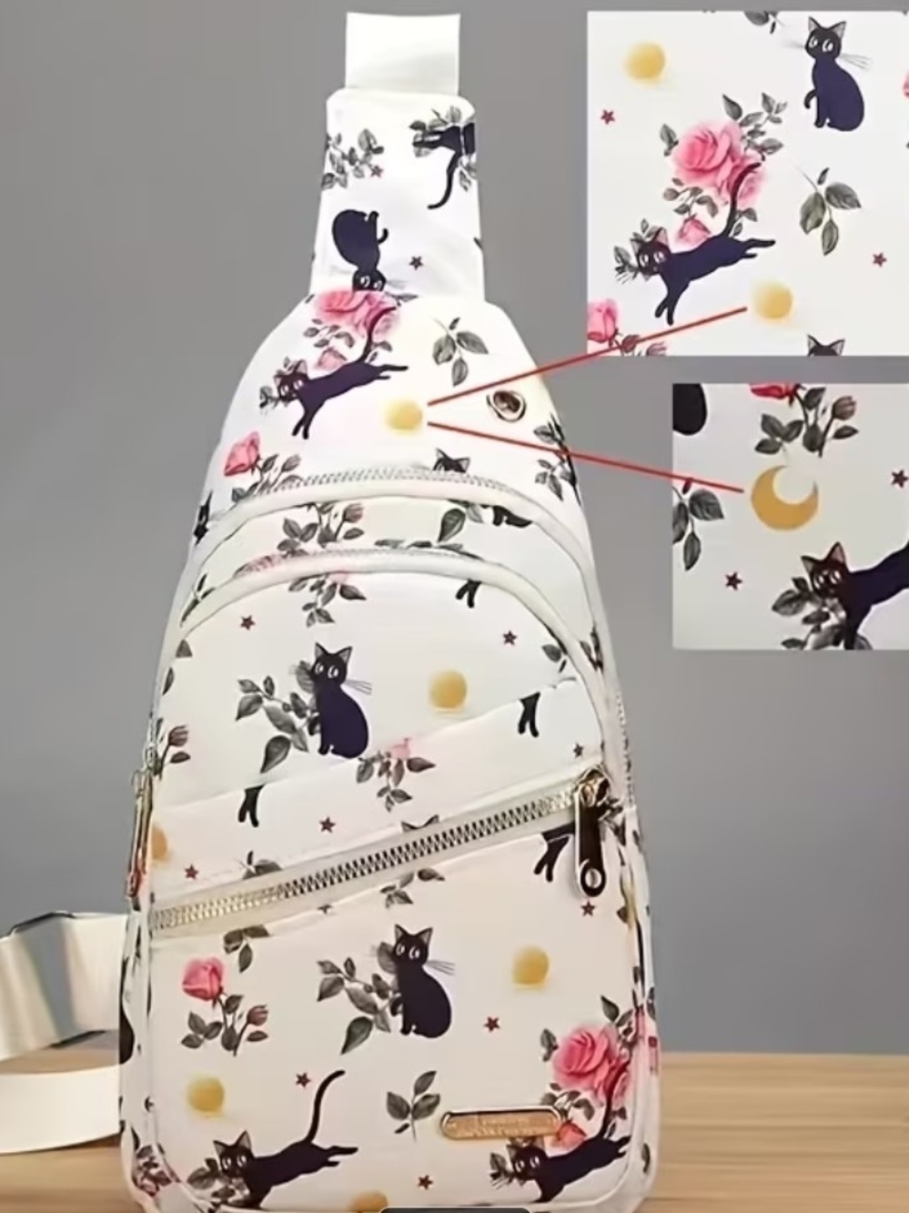 White Floral & Black Cat Sling Bag Crossbody Bag Crossbody Sling Bag